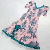 【ハワイ製 フラダンス衣装】ピンク Hilo Hattie ワンピース ドレス パンの木柄 緑 グリーン フリル 華やか ハワイアン 可愛い
