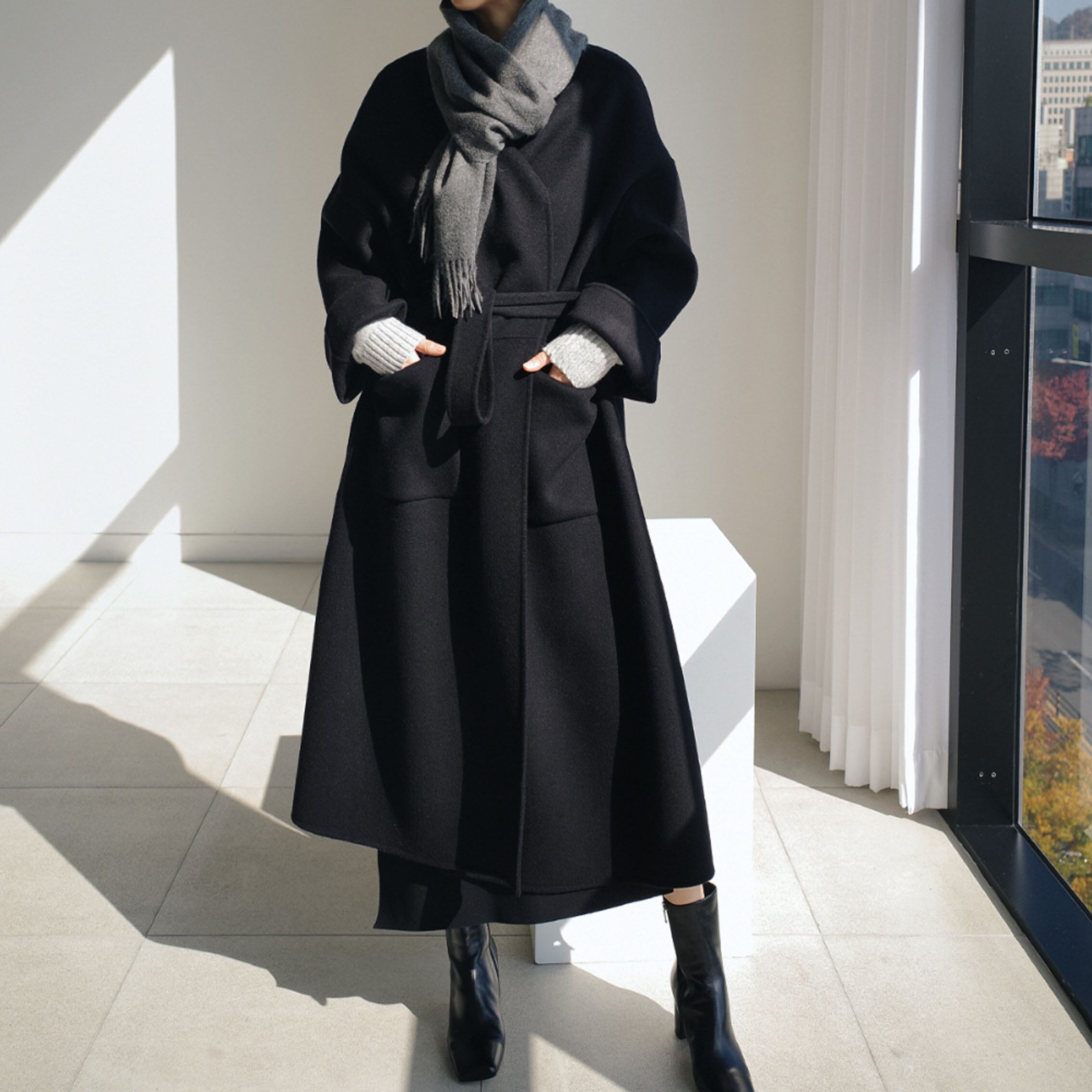 collarless wool blend coat