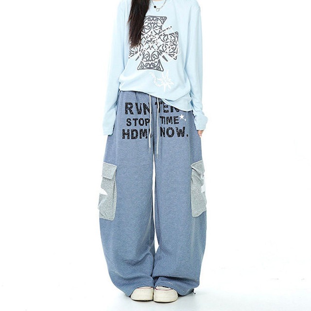 レタリングボーダーサイドポケットワイドパンツ 2col   R02487