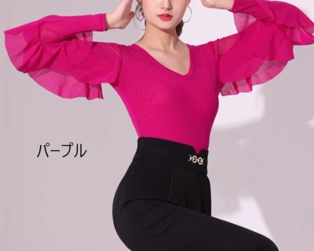 フレアスリーブ Vネック フリル ダンストップス (レオタードタイプ選択可) ds1106