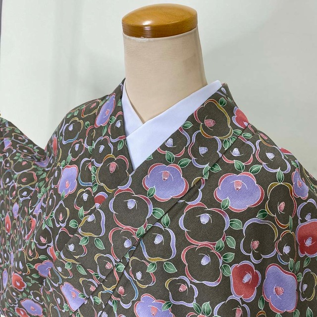 小紋 洗える着物 裄65.5cm 身丈168cm 花柄 袷 お洒落着 普段着 ポリエステル 緑 美品 M サイズ 3874