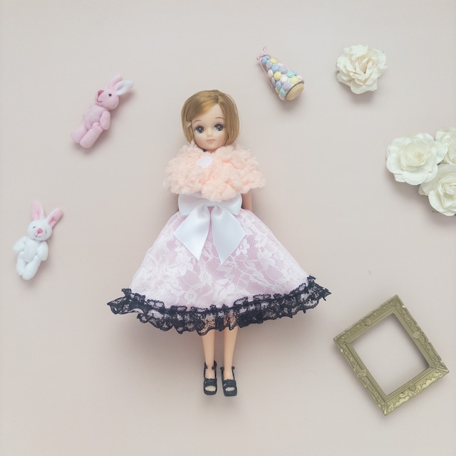 【2点セット】冬休みクリスマス限定!ケープ付きミニドレス(ピンク黒レース)