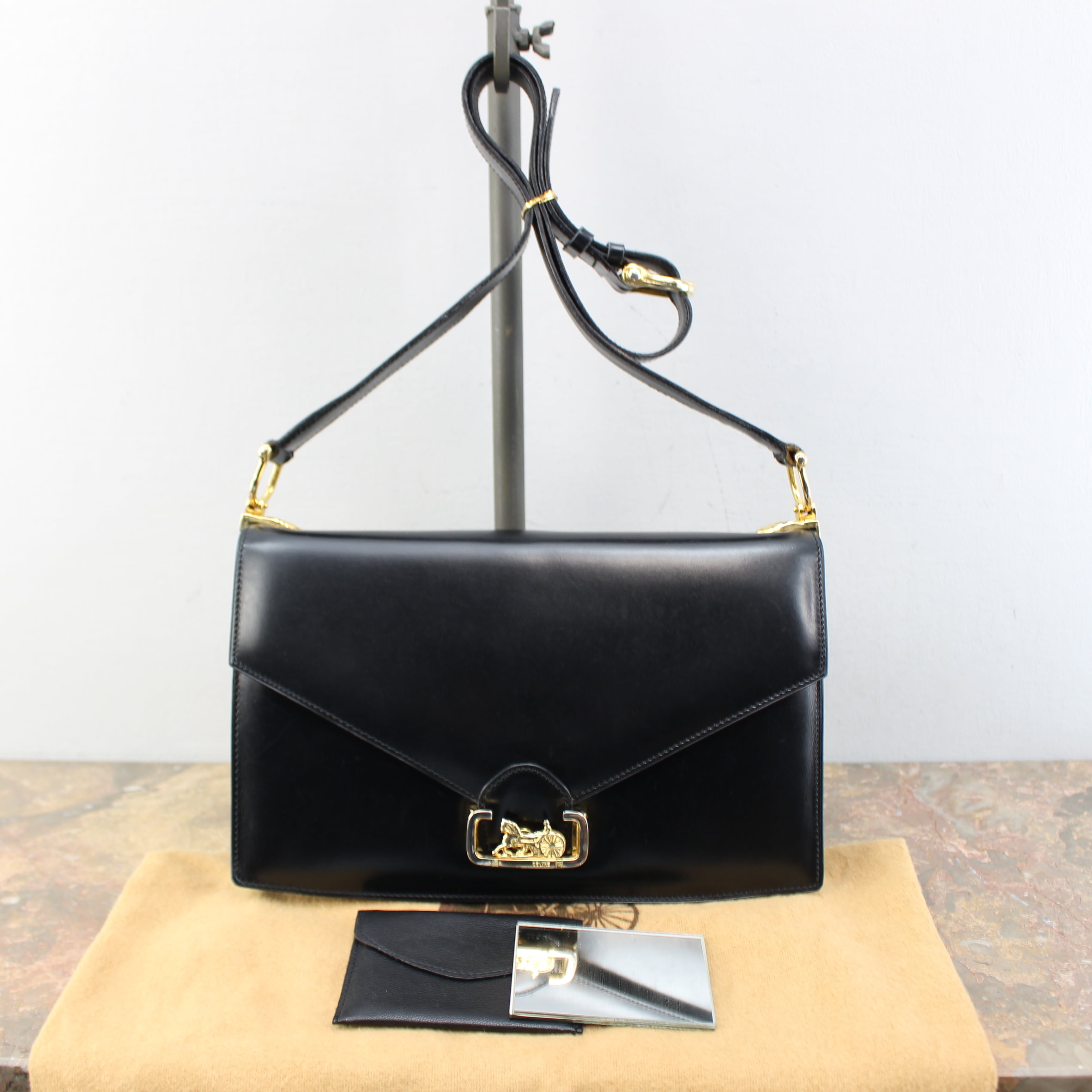 CELINE CARRIAGE LOGO LEATHER SHOULDER BAG MADE IN ITALY