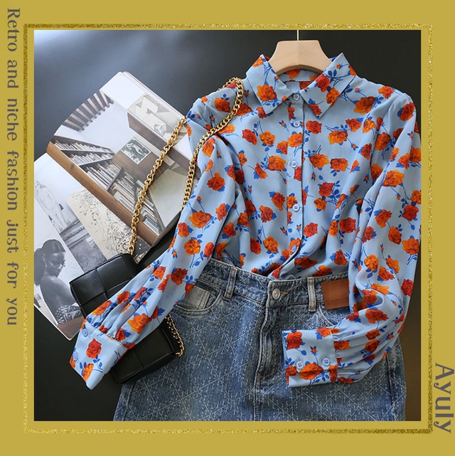 レトロローズプリントブラウス　25577