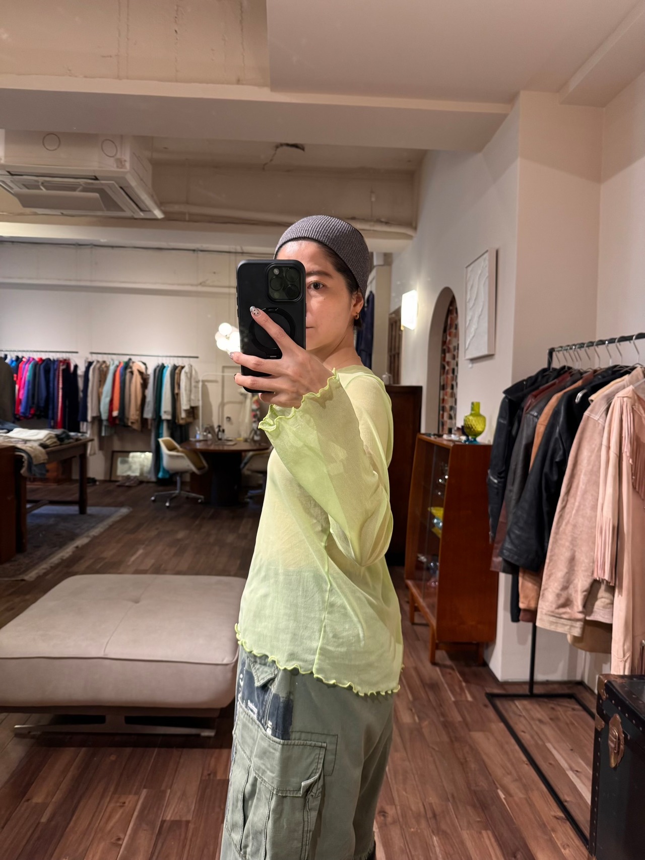 【フランス製】透け感シアメッシュ シアー長袖カットソー／ライムグリーン