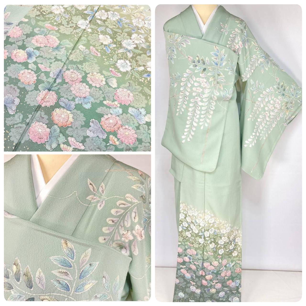 手描き友禅 染め分け 椿 花柄 訪問着 袷 正絹 ベージュ 水色 黄緑 1408