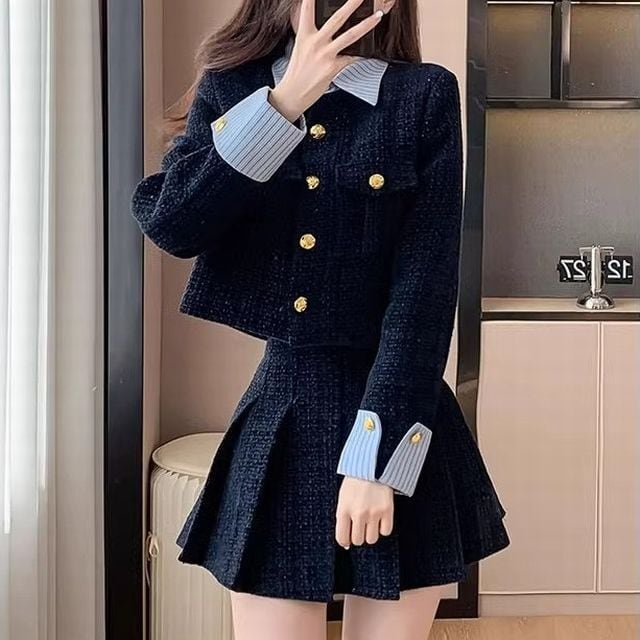 セットアップ 上下セット ツイード調 ショートジャケット プリーツ