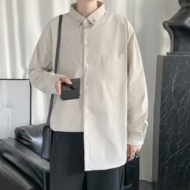 【予約販売】シャツ 長袖 メンズ オーバーサイズ 無地 襟チェーン ベージュ ブラック ホワイト モノトーン カジュアル シンプル こなれ感 お洒落 韓国 トレンド 春 夏 秋 M/L/XL/2XL