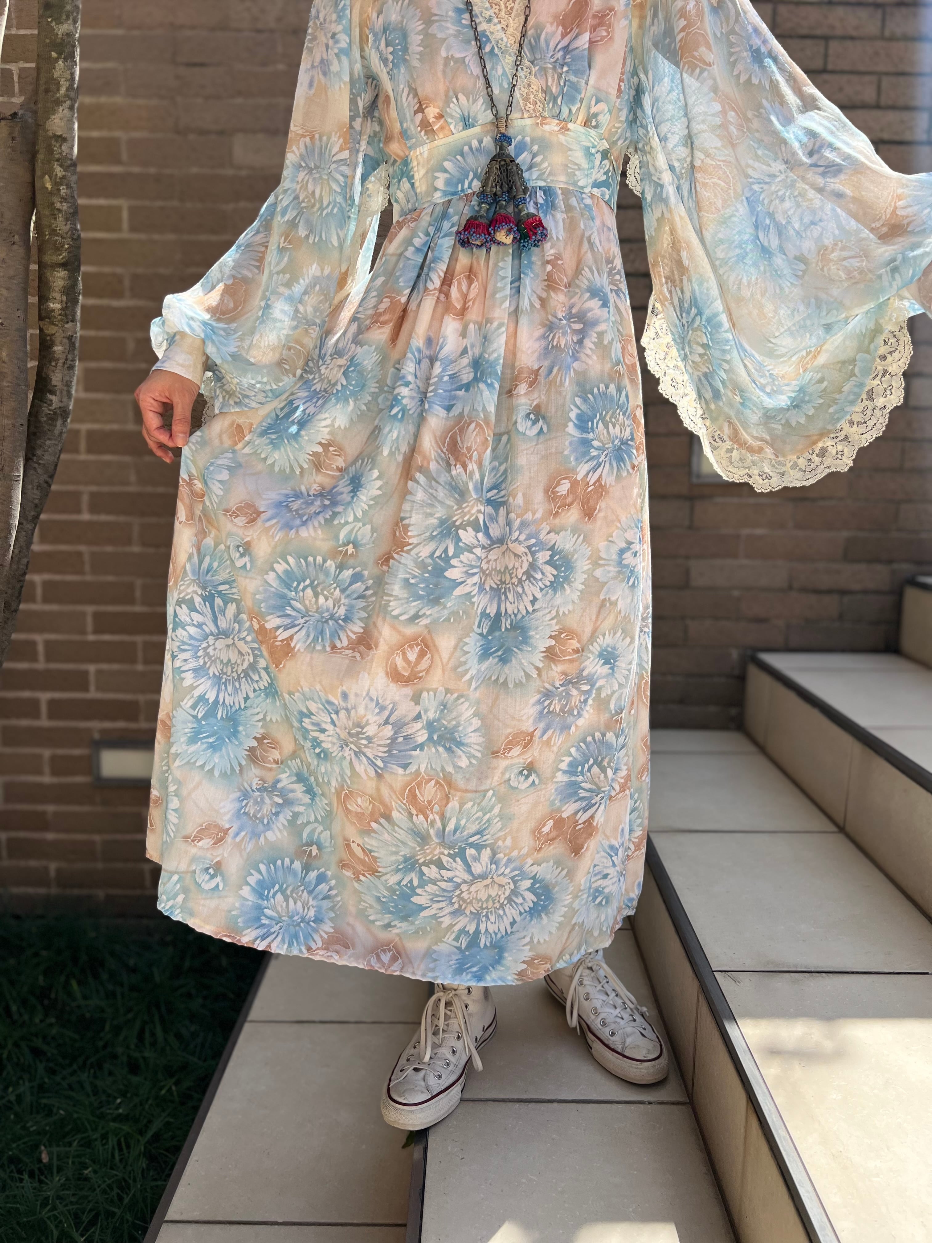 70s floral × lace dress ( ヴィンテージ 花柄 × レース ワンピース