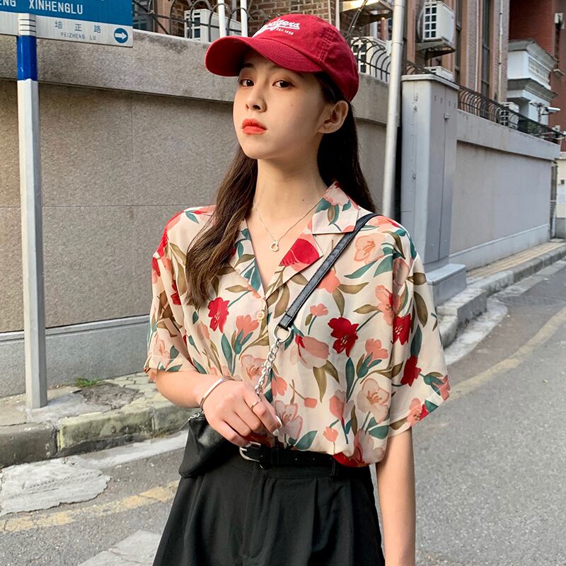 シャツデザインセンスニッチフローラルシャツ新2020夏半袖スーツ襟カーディガントップス 1号婦人22645309006