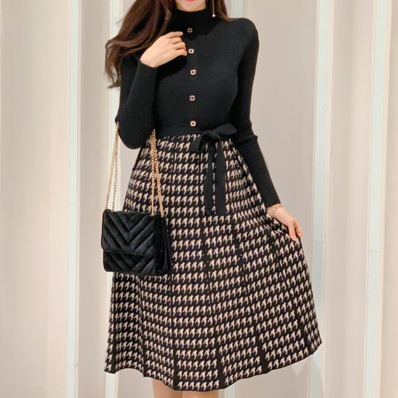A-line houndstooth pattern knit dress LA250172