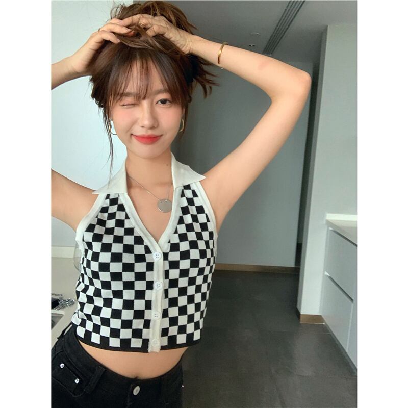 格子柄サマースタンダードショート薄手ホルターバックトップス レトロ 夏物 ピュア ブラックストロベリース98967952123