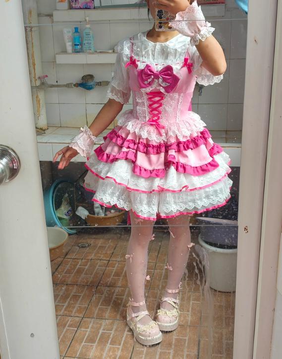 ロリータ ジャンパースカート姫ロリ フリル リボン ドレス ピンク 着画あり ゆめかわ♡全2カラー バックリボン付き♪姫ロリちっくなジャンパー