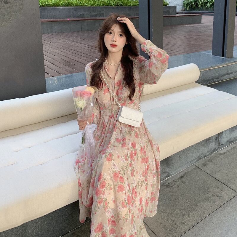 フローラルスカート スプリングオータムドレス ロング 春物 秋物 花柄 スーパーモール9817804546