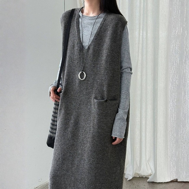 Vネック フロントポケット ノースリーブ ワンピース ◆3color　204579