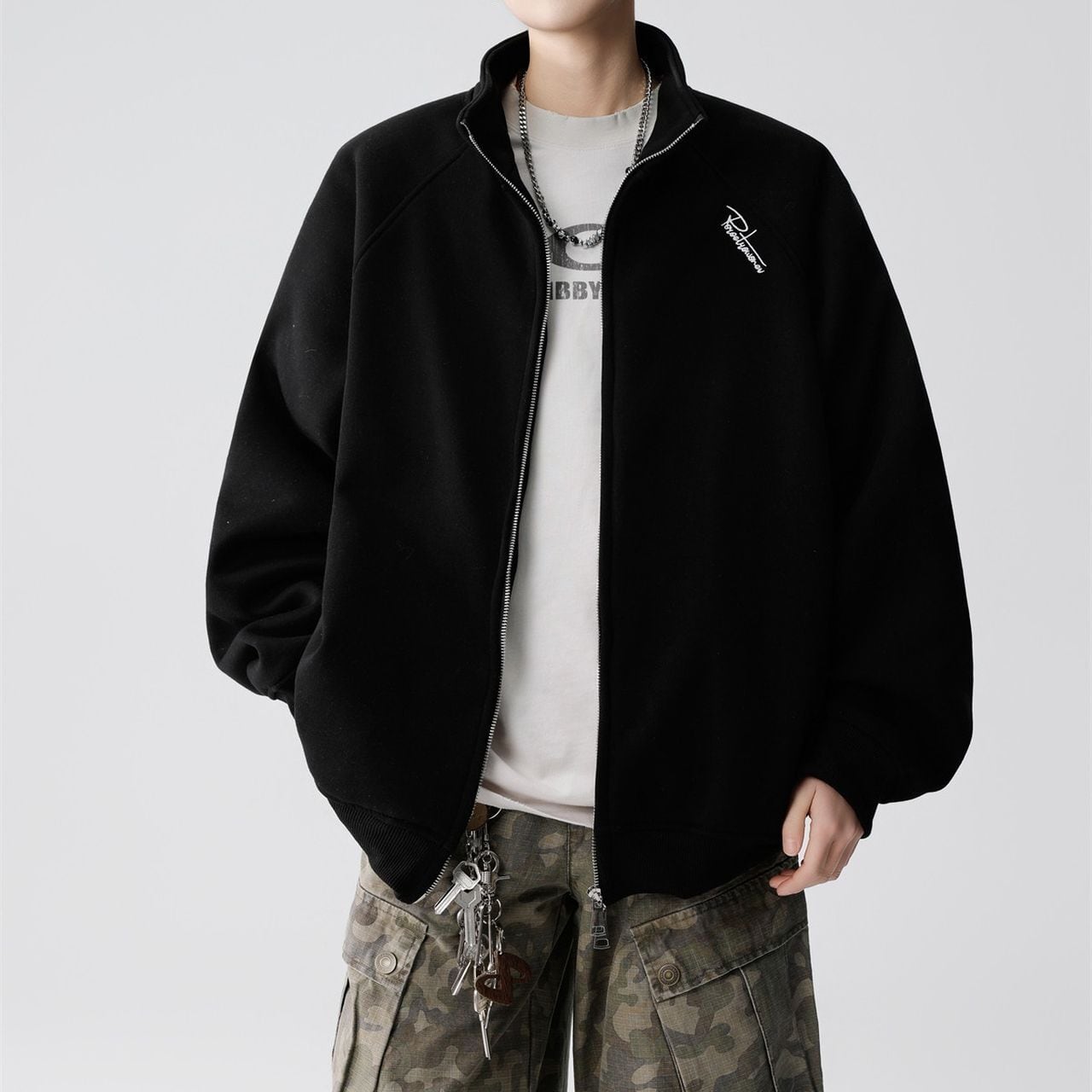 Embroidered stand-collar sweatshirt jacket with double zipper(MT1680)