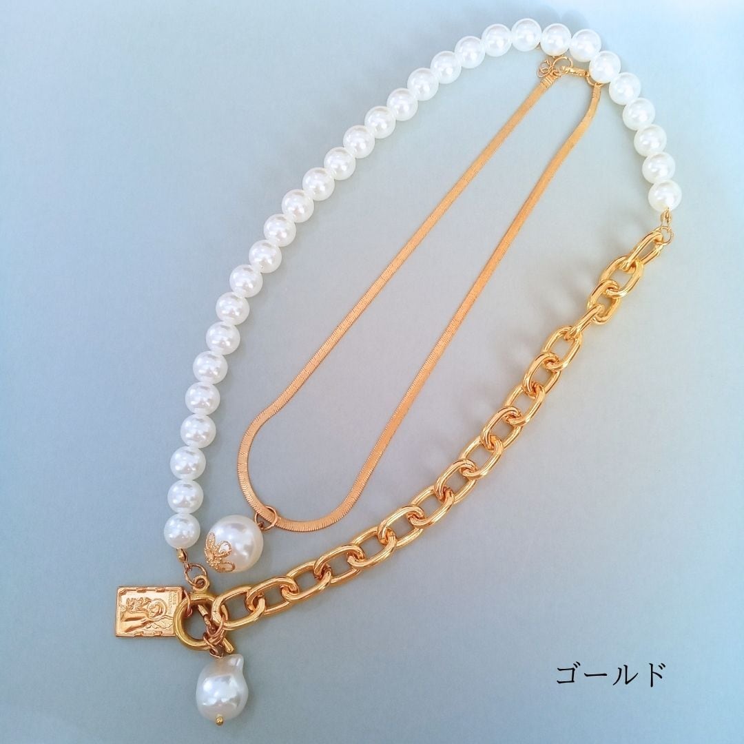 三連デザインネックレス　ゴールド&パール ネックレス 2連ネックレス 3WAY チェーンネックレス ゴールド