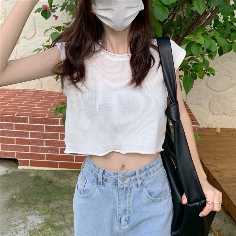 サマーニットノースリーブショートトップス 夏物 ガールズファッション20924386057