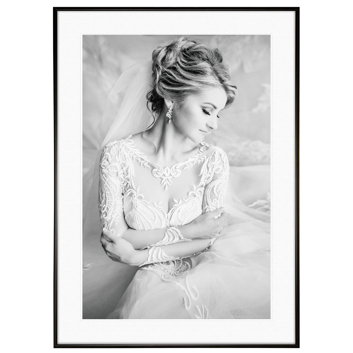 人物写真 ウェディングドレスを着た女性 インテリアアート モノクロポスター額装 AS3046