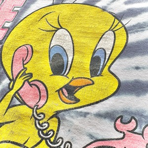 90's  LOONY TUNES Official 〝 TWEETY 〟Lame Print Tie-Dye T-Shirt / Size LARGE