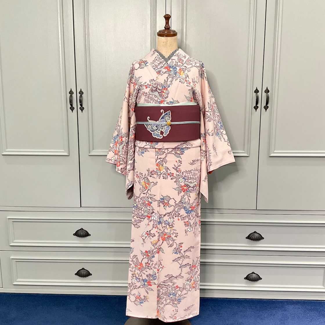 long＊花咲く小道＊未使用品 縮緬 紅型調 松竹梅 椿 茶屋辻 リサイクル 