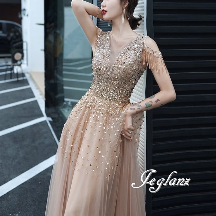 美ライン パーティ イブニングドレス タッセル フリンジ 背中 編み上げ ♪ (M7664)ζ