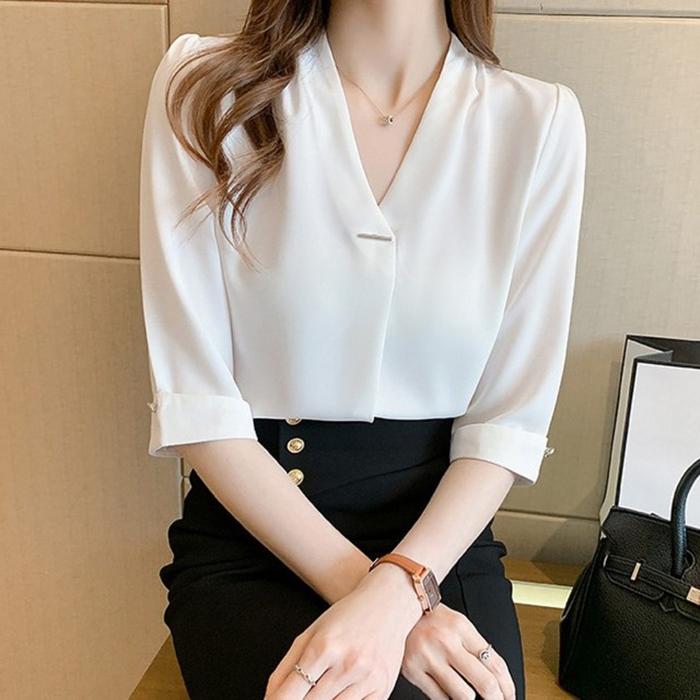 Three quarter sleeve elegant V neck chiffon blouse ( 2color )