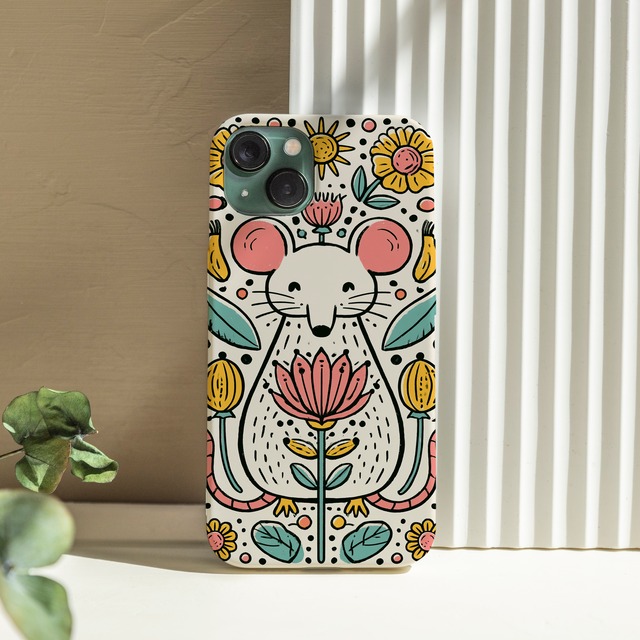 受注生産 iPhoneケース 白いうさぎと花の民芸柄｜うさぎモチーフ PSYF020D