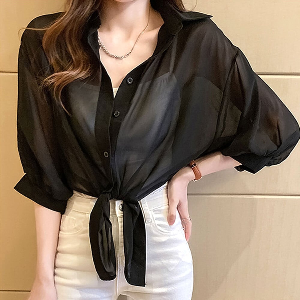 結婚式 パーティー シアー リボン付き シャツ セクシー 韓国系 リボン結び シアー シャツ レディース 韓国 春夏 トップス 重ね