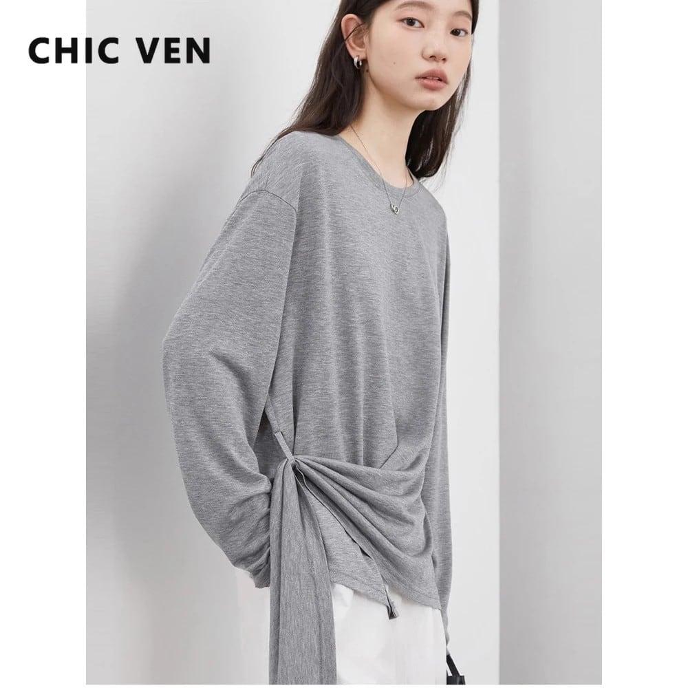 CHIC VEN ファッション レディース プルオーバー Tシャツ Oネック 新作 ルーズ 無地 長袖 女性用Tシャツ 薄手 レディース トップス 春秋 2025