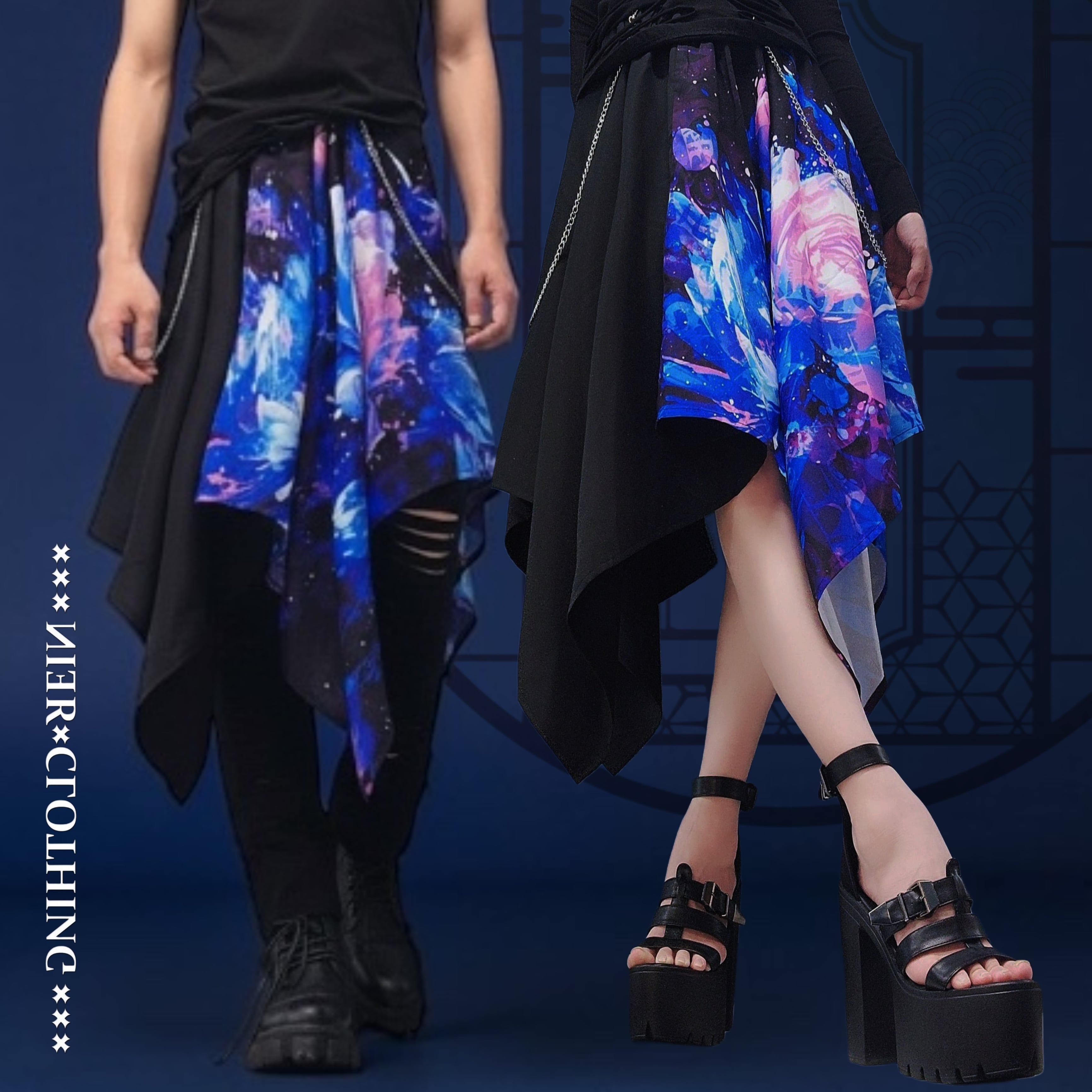 チェーン付きUNISEX ASYMMETRY SKIRT【BLUE ROSE】 | NIER CLOTHING