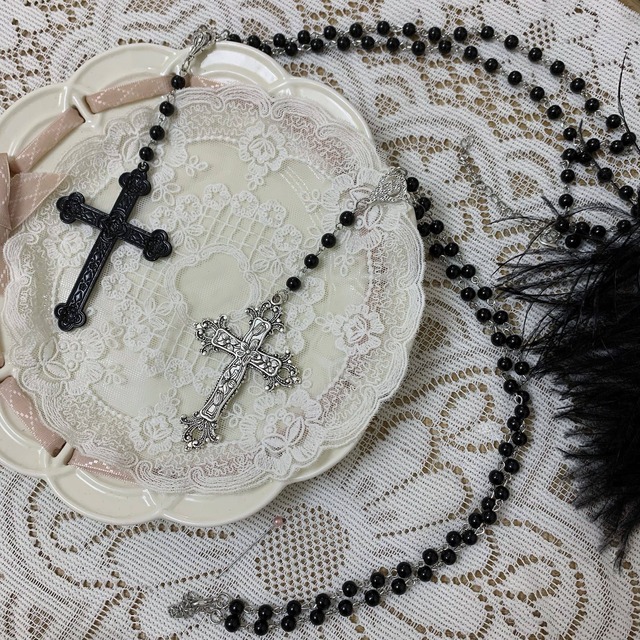 【ゴシック/ロザリオ】多層チェーン クロス ネックレス｜カメオ メダイ 十字架モチーフ｜アンティークシルバー ヴィンテージ調
