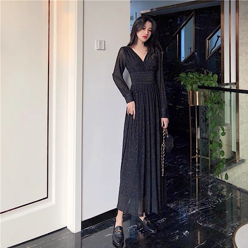 結婚式ドレス キラキラ 煌めき ハイウエスト ウエストマークVネック ラメ入り キラキラ 発表会 演奏会 レディース 結婚式 ステージ衣装 ロング丈 エレガント ウエディングドレス カラードレス 長袖