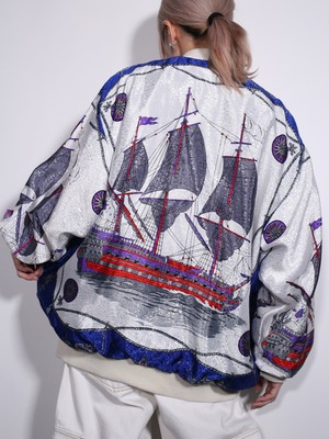 gloss fabric beautiful ship graphic over silhouette jacket