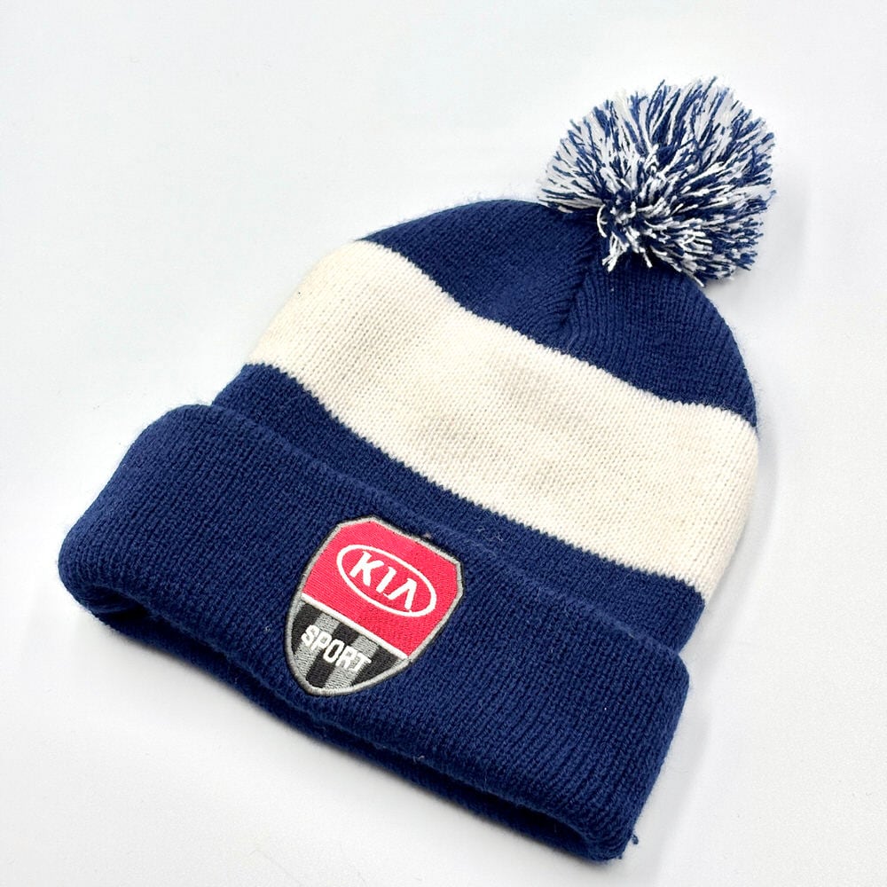 KIA SPORT & VANCOUVER WHITECAPS FC ロゴ 両面刺繍 デザイン ポンポン ニット 企業物 サッカー チーム ネイビー 白 ヴィンテージ ビンテージ USA アメリカ古着 ユニセックスデザイン