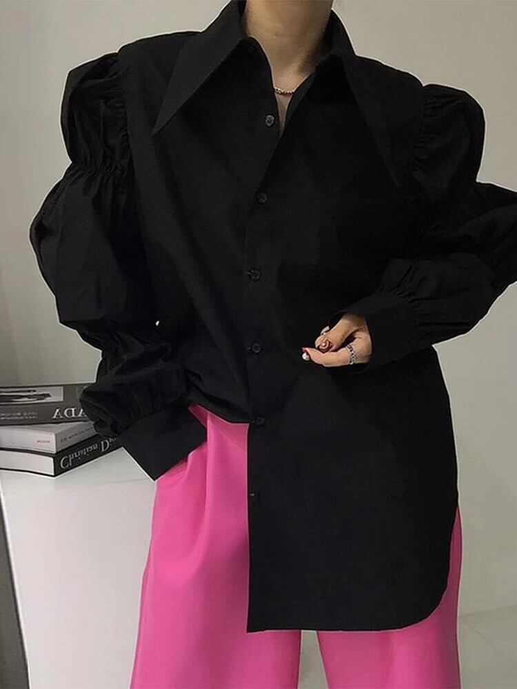 【新作】【送料無料】 シックな女性ブラウスハイストリートトップスヴィンテージラペルルーズロング Blusas Mujer パフスリーブシャツ女性 2024 春秋の衣装 0122390346544