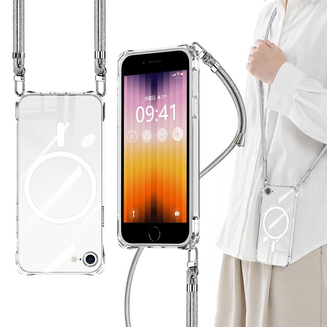 iPhone SE3 / SE2 / 7 / 8 クリア ショルダー ケース MagSafe対応 強力マグネット 耐衝撃 4か所ストラップホール
