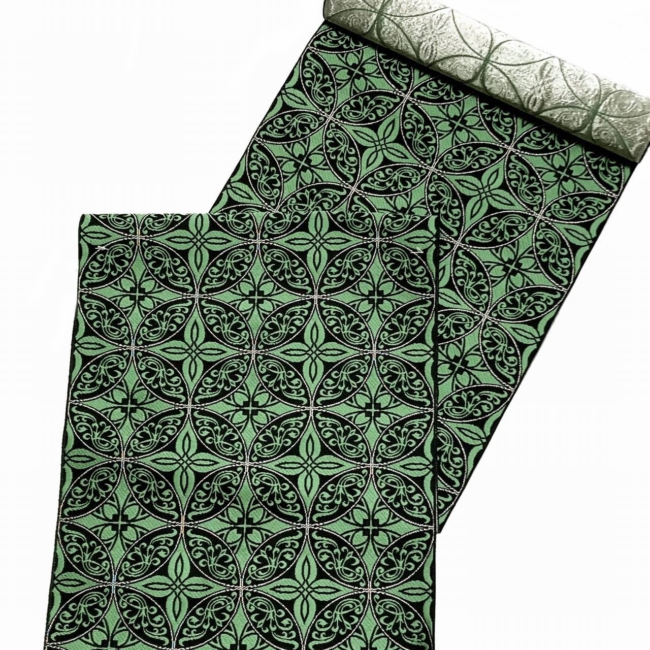 博多織 名古屋帯 華七宝 緑 八寸帯 正絹 日本製 特選品 七宝 花菱 八寸