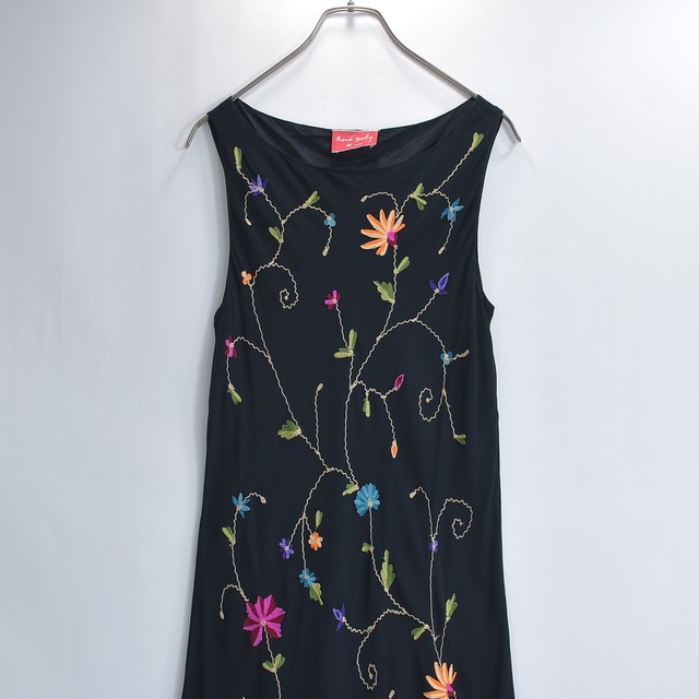 Rene Derby ルネダービー ノースリーブワンピース ボタニカル刺繍 ジョーゼット生地 花柄 ドレス ブラック USED ヴィンテージ ビンテージ 古着 レディースLサイズ相当