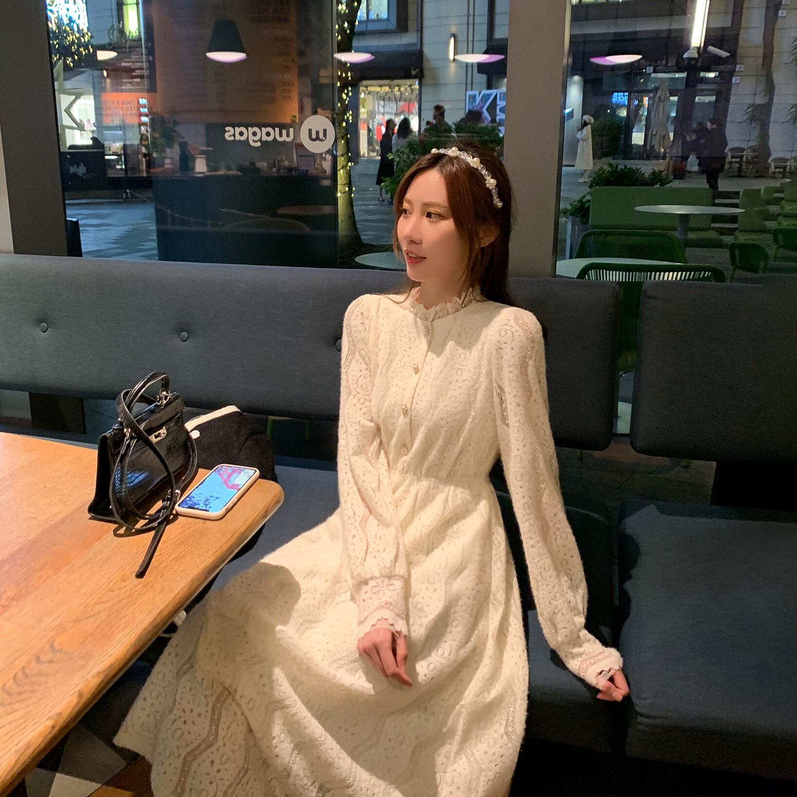 ウィンタースタンダードレースドレス ホワイトスカート レトロ 大人ガーリー スウィート キュート カジュアル 冬物 6Du_Shop_Women12705852723