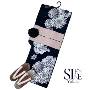 浴衣ジェンヌ 浴衣5点セット 黒地にぼかしグレーや白のダリア ゆかた 浴衣