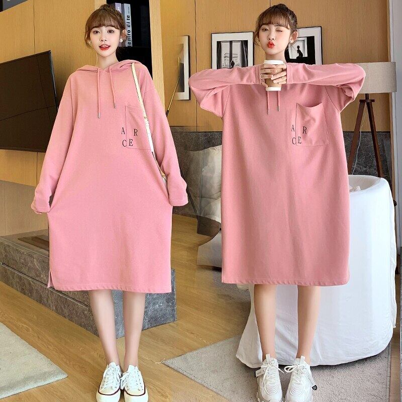 【新作】【送料無料】 8077＃マタニティドレス春秋コットン長袖ルーズスタイリッシュフード付き襟ドレス妊婦ママドレス ロング スプリング 春物 オータム 秋物 AL expec385761148841