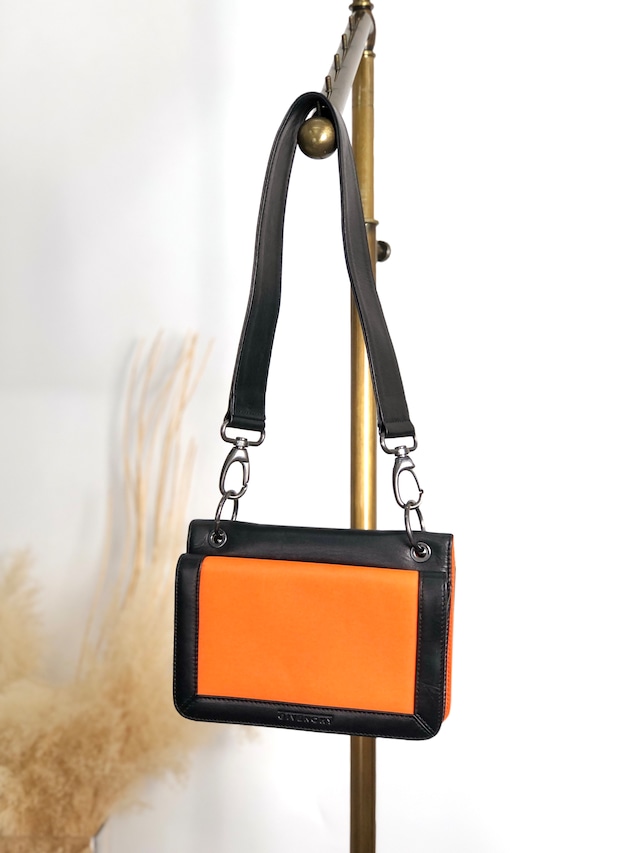 GIVENCHY ジバンシィ ショルダーバッグ ブラック オレンジ ロゴ レザー ナイロン セミショルダーバッグ vintage ヴィンテージ オールド ahpuhk