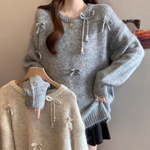 2色/リボンクルーネックニットプルオーバー ・73685 2色/リボンクルーネックニットプルオーバー ・73685