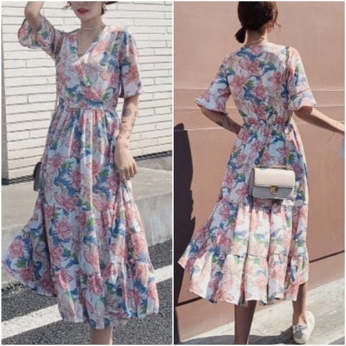 ワンピース カシュクール Vネック Aライン フレア ティアードワンピ 花 ボタニカル ミドル丈 フレア袖 半袖 ウエスト切り替え 大人 夏映え Aライン リゾート レディース 女性 春 夏