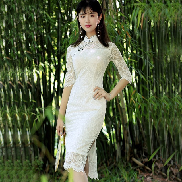 チャイナドレス ワンピース チャイナ風服 中華服 スタンドネック 五分袖 ロング丈 エレガント 着痩せ 上品 大きいサイズ S M L LL 3L 4L 普段着 パーティー 女子会 レース ホワイト 白い