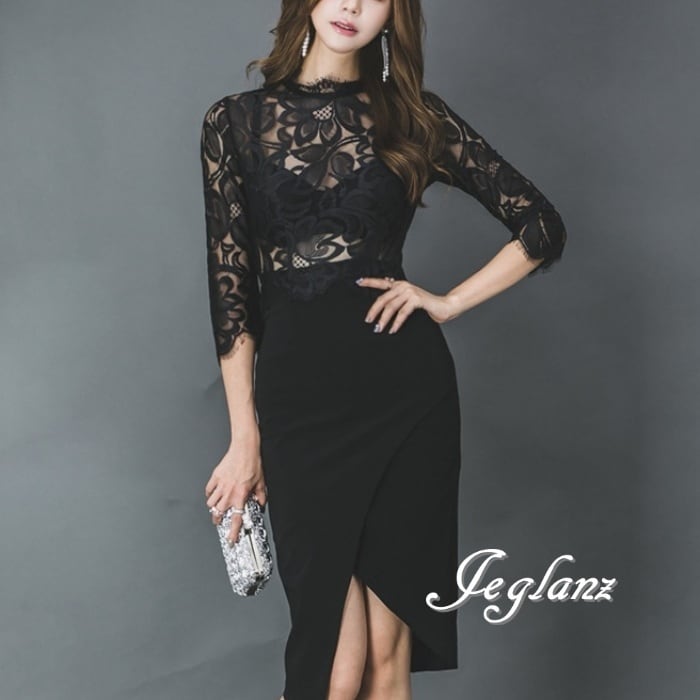 パーティドレス 切替 ワンピース レーシー 肌透け 大人シック 7分袖(M6390)ζ