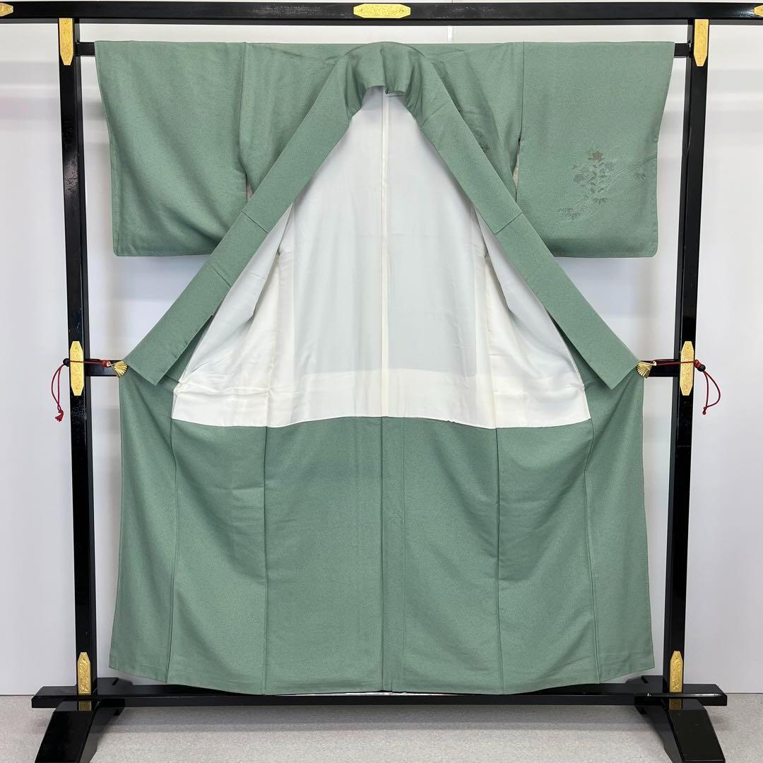 付下げ 中国総刺繍 扇に四季の花柄模様 雪輪に亀甲 金糸 錆青磁色 K  