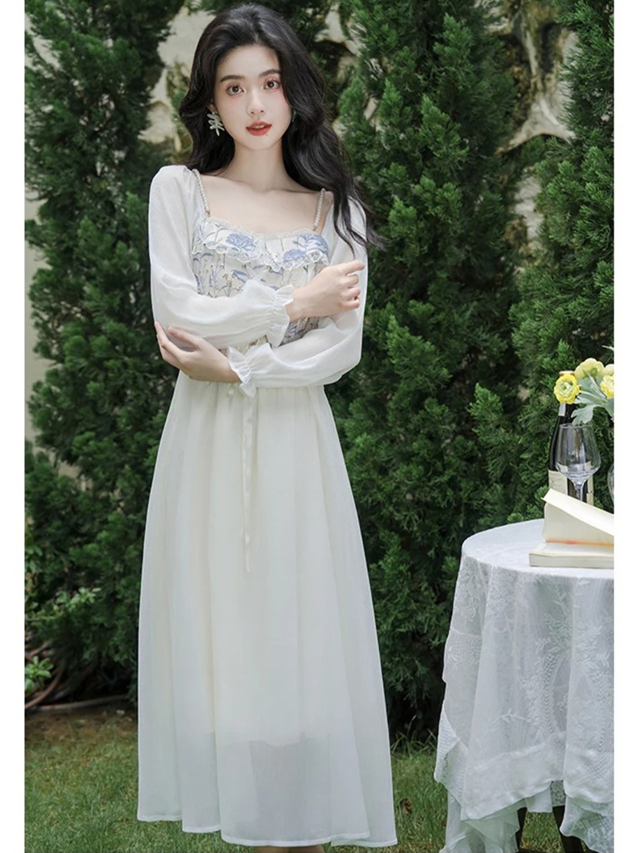 【0090】2way Off Shoulder Chiffon Long Sleeve Dress