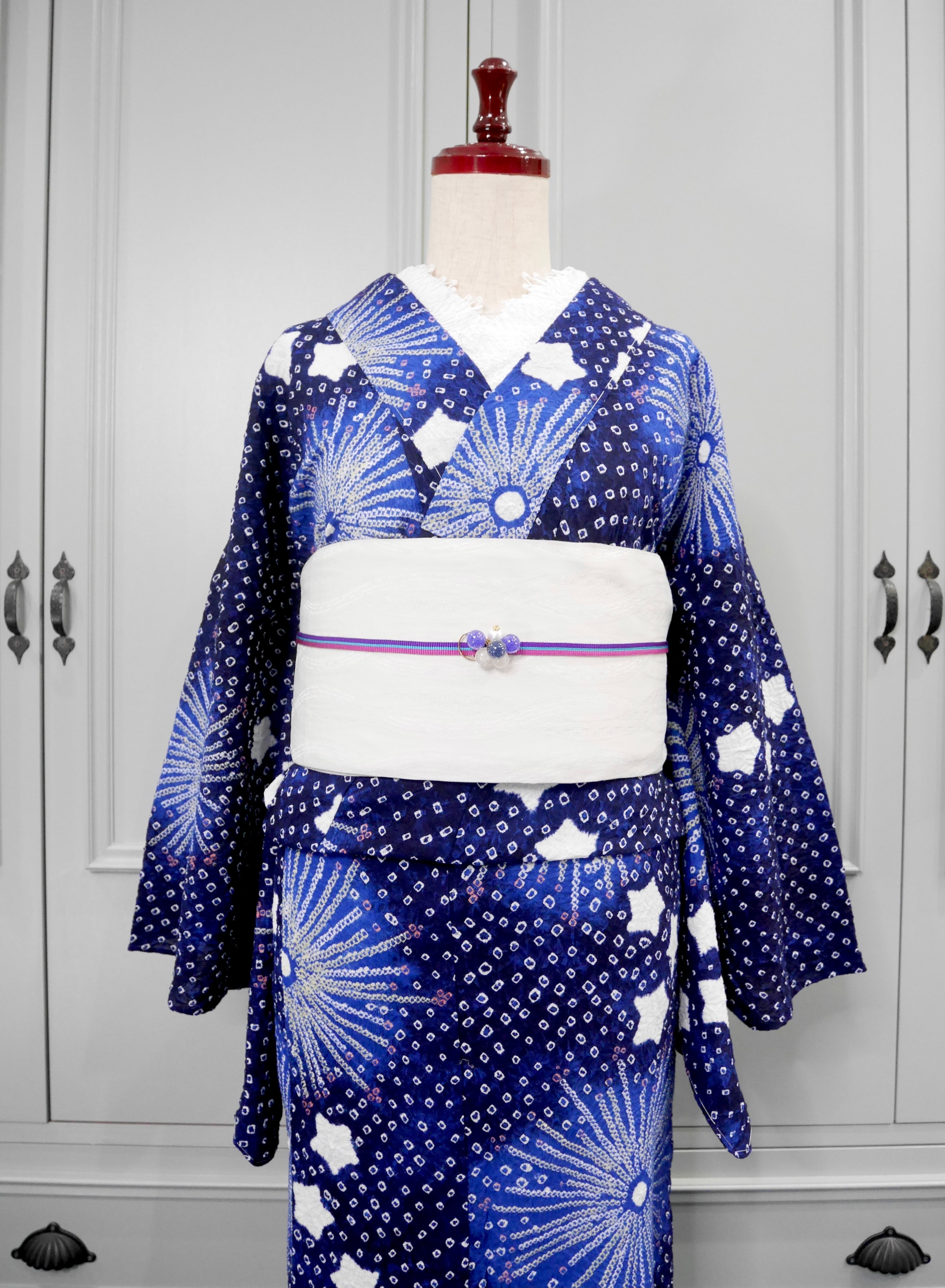 ロング＊有松鳴海絞り浴衣＊ミッドナイトブルー 花火×星 0353 | kimono 